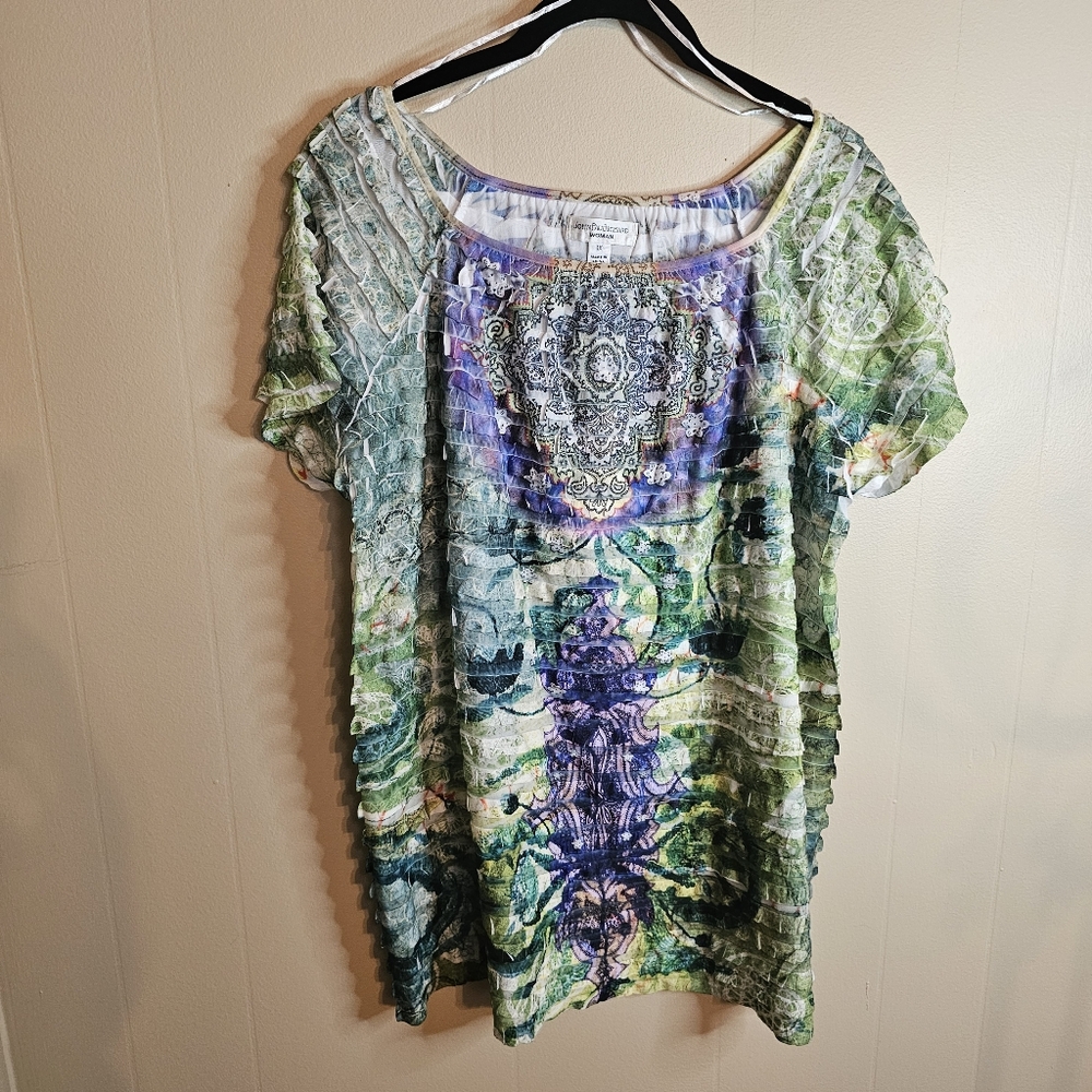JohnPaulRichard Vintage Y2K Ruffle Layered Paisley Green And Blue 1X Blouse